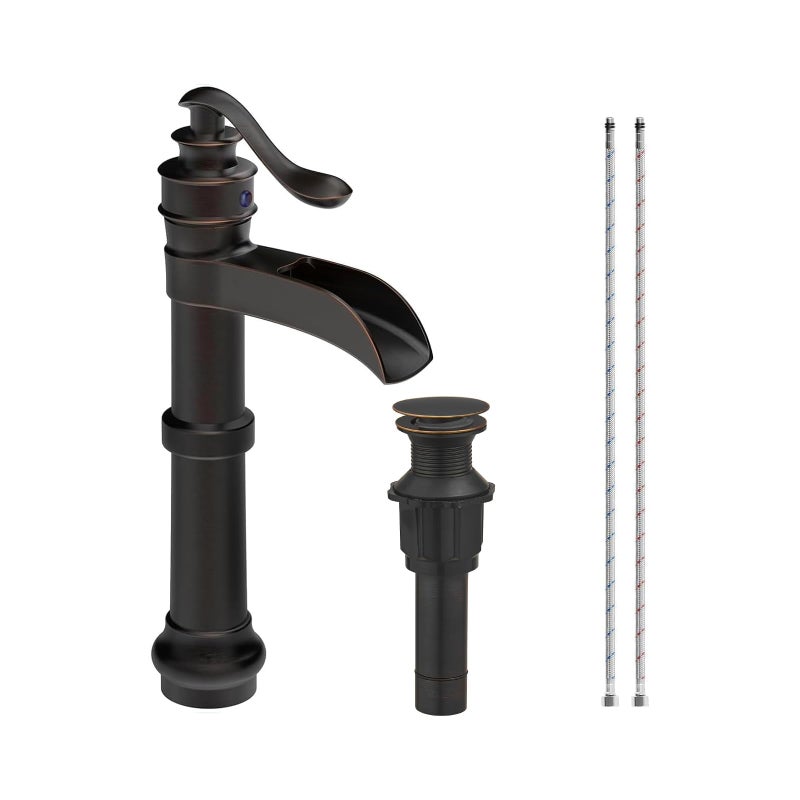 Homevacious Oil Rubbed Bronze Waterfall Vessel Sink Tall Black Single Handle Bath Basin Farmhouse with Pop Up Drain Assembly Lavatory One Hole Mixer Tap Without Overflow - Image 1